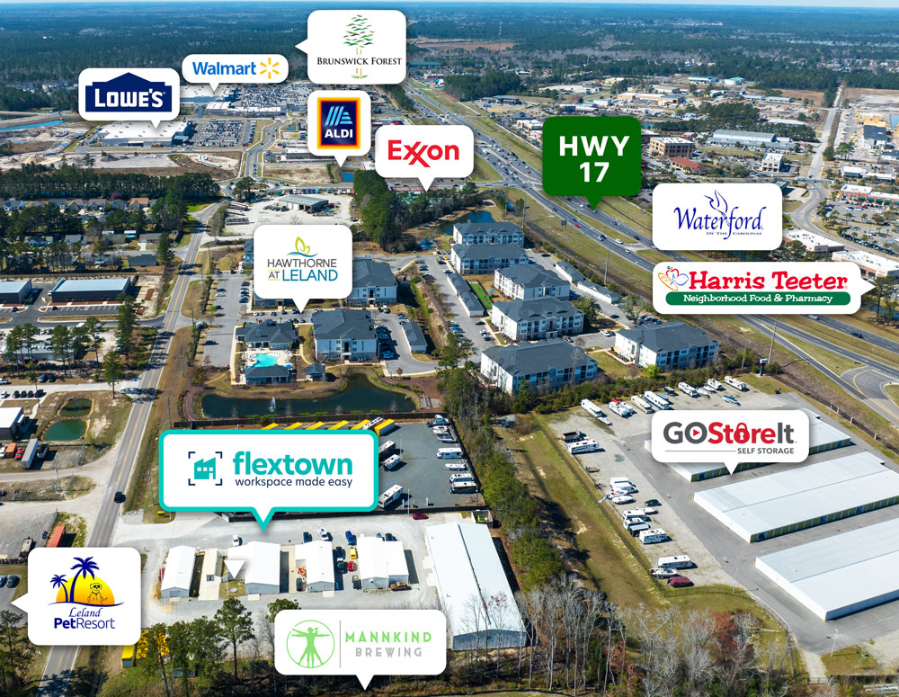 Exterior view of Flex Town facility highlighting its prime location near Wilmington, NC.